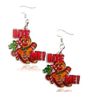 Funny Christmas Holiday Transparent Bite Me Gingerbread Dangling Earrings